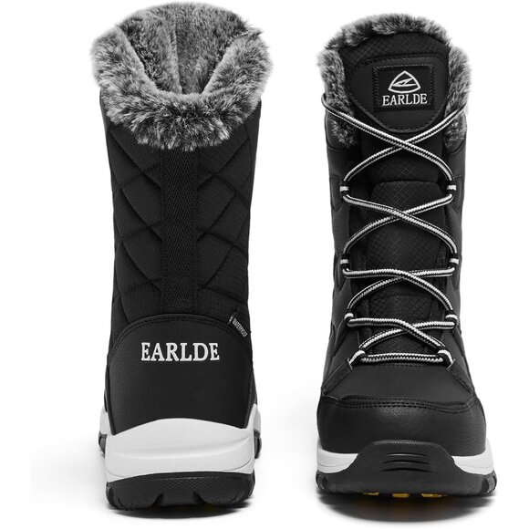 Women’s Black Wheat Strip Waterproof Snow Boots Mid-Calf Faux Fur Lined Non-Slip - Picture 9 of 9